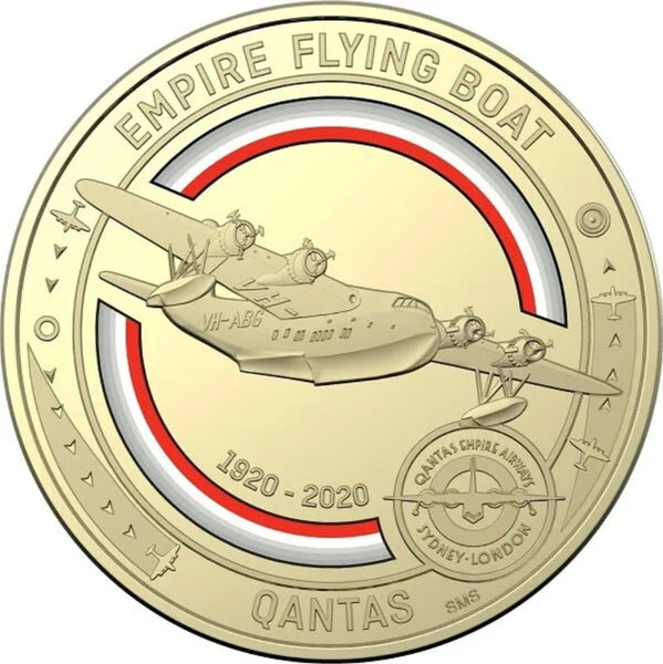 2020 $1 Coloured Coin "100 Years of QANTAS" Singapore service Empire flying boat