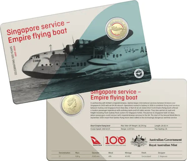 2020 $1 Coloured Coin "100 Years of QANTAS" Singapore service Empire flying boat