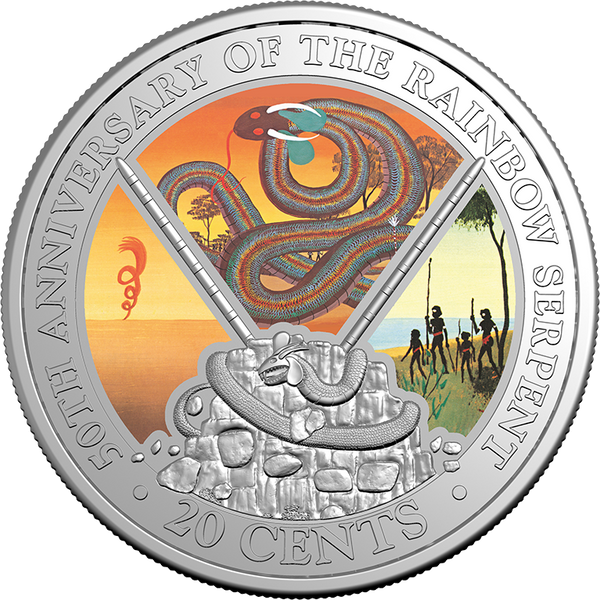 50th Anniversary of The Rainbow Serpent 2025 20c Coloured Unc Coin Special Edition Book