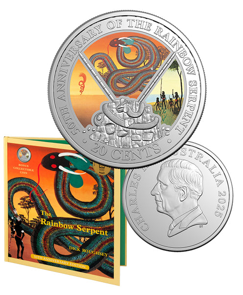 50th Anniversary of The Rainbow Serpent 2025 20c Coloured Unc Coin Special Edition Book
