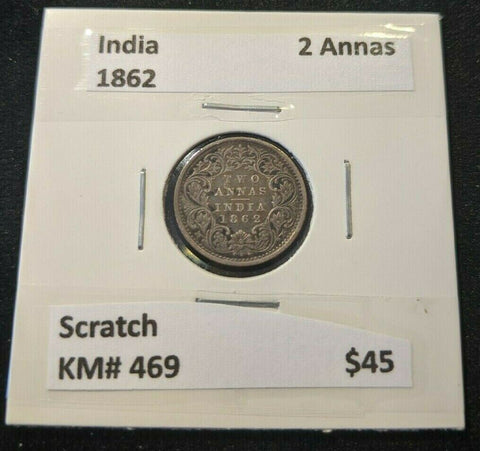 India 1862 2 Anna Scratch KM# 469