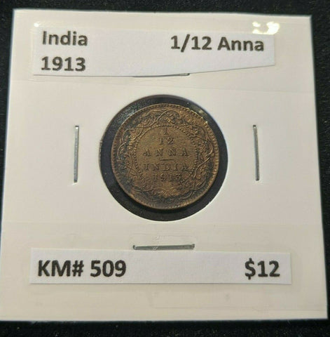 India 1913 1/12 Anna KM# 509