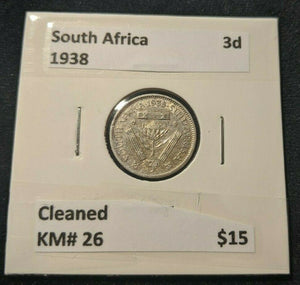 South Africa 1938 Threepence 3d KM# 26 Cleaned #012  #11B