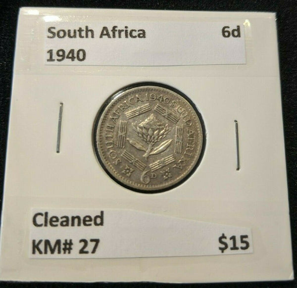 South Africa 1940 Sixpence 6d Cleaned KM# 27