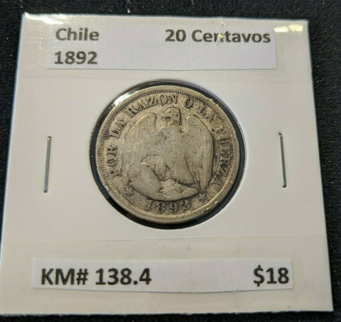 Chile 1892 20 Centavos KM# 138.4