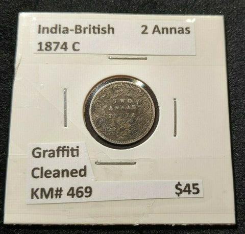 India-British 1874 C Two Anna Graffiti Cleaned KM# 469