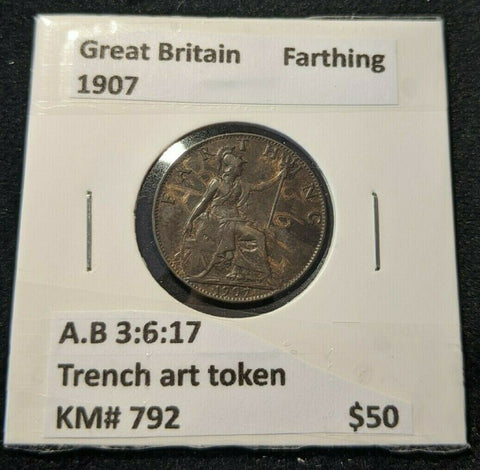 Great Britain 1907 1/4d Farthing KM# 792 Trench art token A.B 3:6:17 WW1