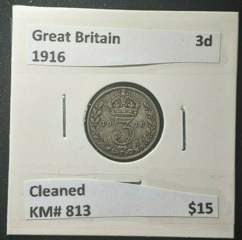 Great Britain 1916 Threepence 3d KM# 813 Cleaned #007 #16B