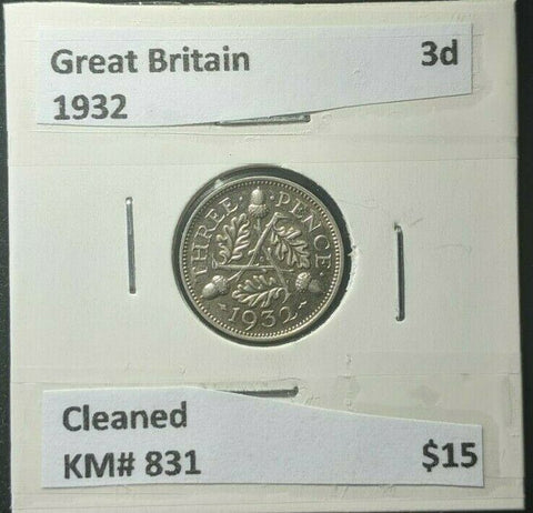 Great Britain 1932 Threepence 3d KM# 831 Cleaned #252   #15C