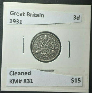 Great Britain 1931 Threepence 3d KM# 831 Cleaned #208  #15B