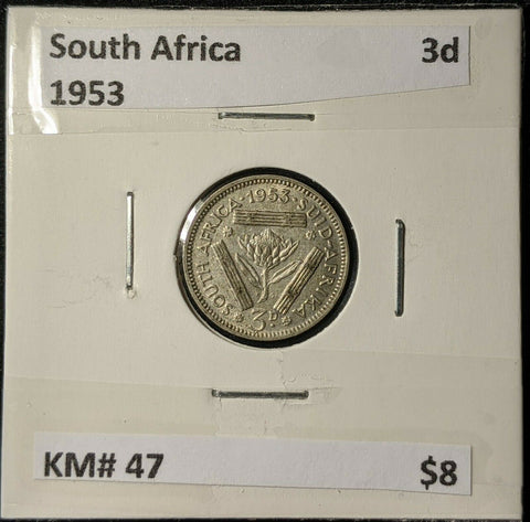 South Africa 1953 Threepence 3d KM# 47    #245  #11A