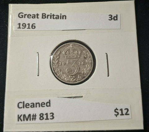 Great Britain 1916 Threepence 3d KM# 813 Cleaned #032      16B