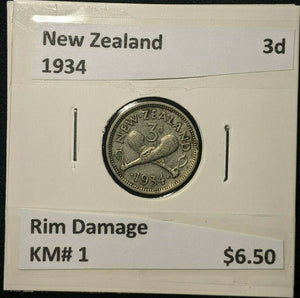 New Zealand 1934 Threepence 3d KM# 1 Rim Damage     #08