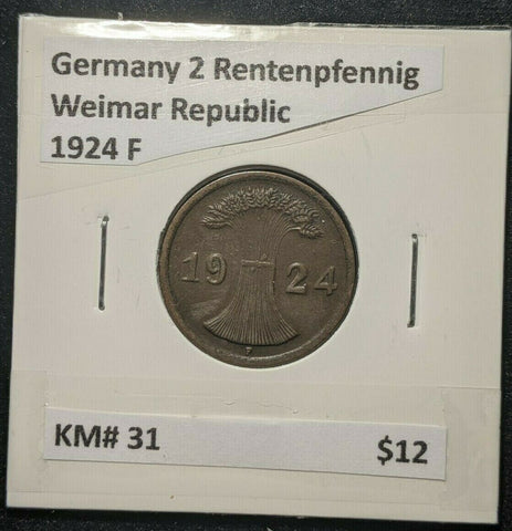 Germany Weimar Republic 1924 F 2 Reichspfennig KM# 31   #493  7B