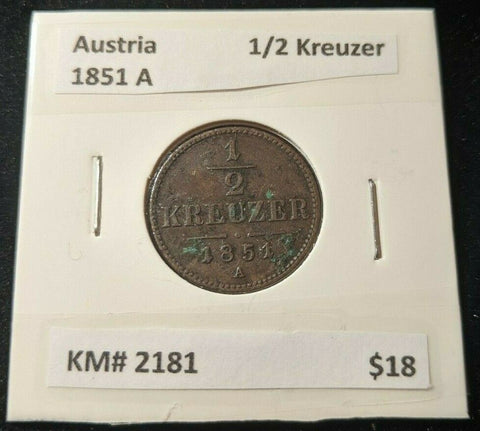 Austria 1851 A 1/2 Kreuzer KM# 2181   #195   #12C