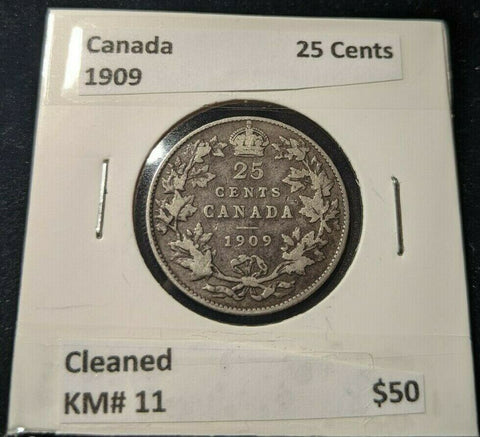 Canada 1909 25 Cents KM# 11 Cleaned #001