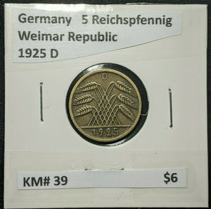 Germany Weimar Republic 1925 D 5 Reichspfennig KM# 39    #055