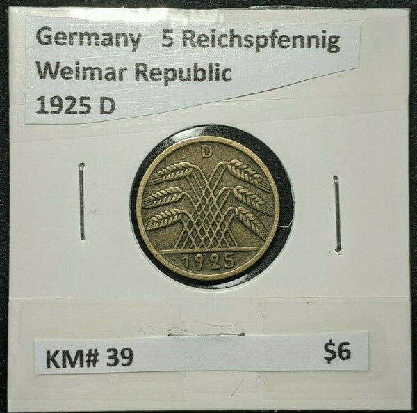 Germany Weimar Republic 1925 D 5 Reichspfennig KM# 39    #055