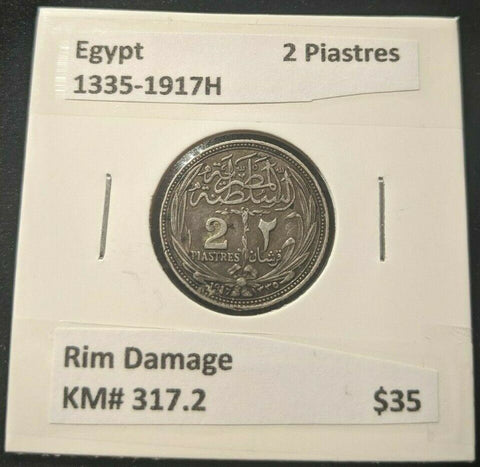 Egypt 1335-1917H 2 Piastres KM# 317.2 Rim Damage  #870  #15B