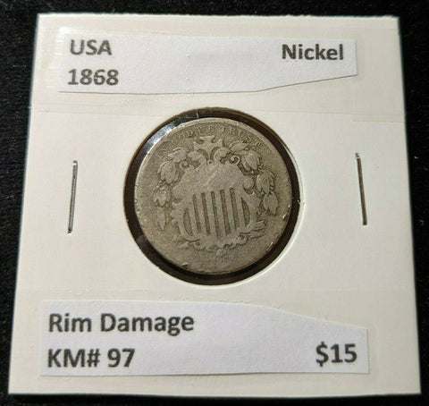 USA 1868 Nickel 5 cents 5c KM# 97 Rim Damage    #862