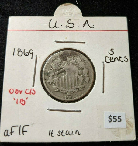 USA 1869 Nickel 5 cents 5c KM# 97 Countermark  IB   #864