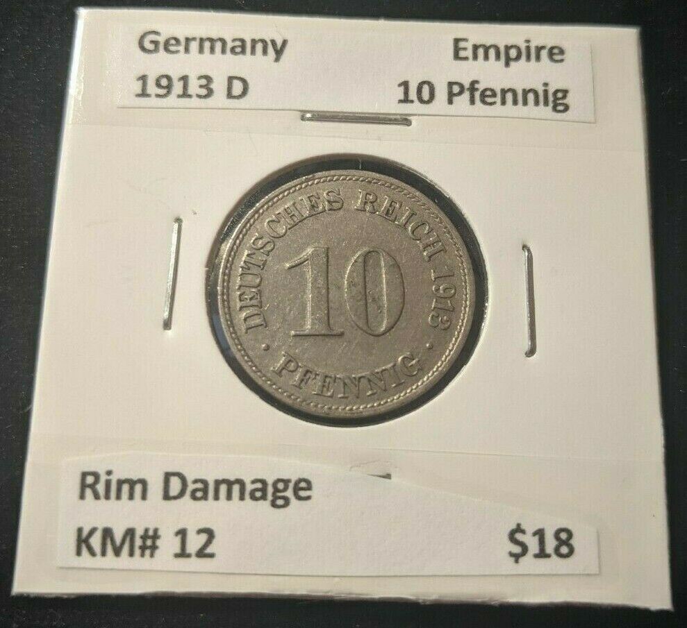 Germany 1913 D Empire 10 Pfennig KM# 12 Rim Damage #166  8A