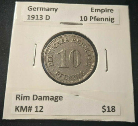 Germany 1913 D Empire 10 Pfennig KM# 12 Rim Damage #166  8A