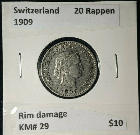 Switzerland 1909 20 Rappen KM# 29 Rim Damage  #323   #12B