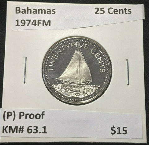 Bahamas Proof 1974 FM (P) 25 Cents KM# 63.1 #1078