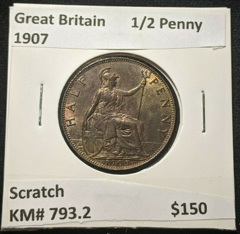 Great Britain 1907 1/2 Penny KM# 793.2 Scratch #1067    #16A