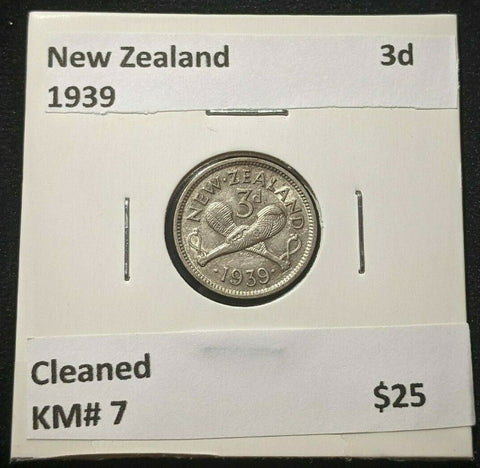 New Zealand 1939 Threepence 3d KM# 7 Cleaned #1262