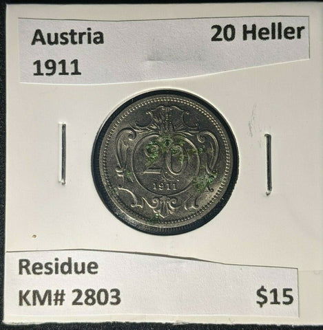 Austria 1911 20 Heller KM# 2803 Residue #1924    #12C