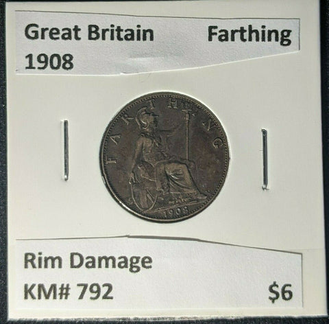 Great Britain 1908 Farthing 1/4dKM# 792 Rim Damage #1927
