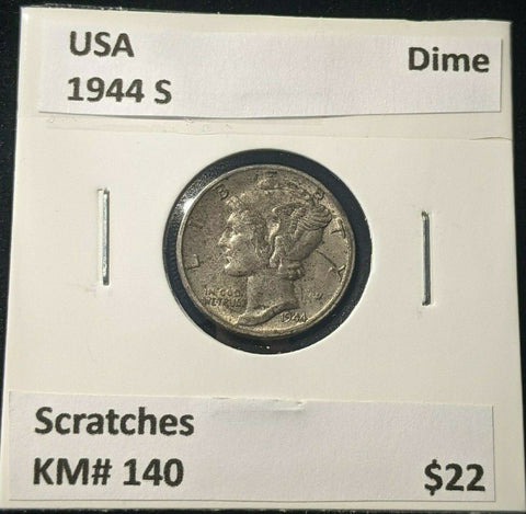 USA 1944 S Dime KM# 140 Scratches #069