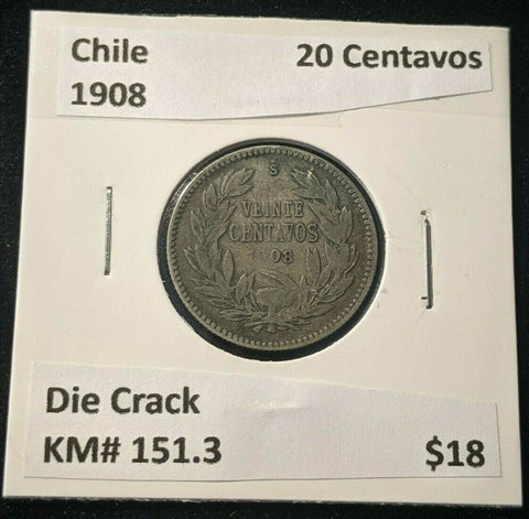 Chile 1908 20 Centavos KM# 151.3 Die Crack #1339