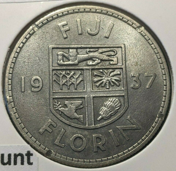 Fiji 1937 Florin 2/- KM# 10 Ex mount Polished #066