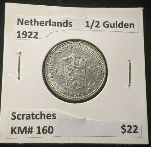 Netherlands 1922 1/2 Gulden KM# 160 Scratches #035