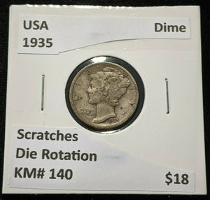 USA 1935 Dime KM# 140 Die Rotation Scratches #688