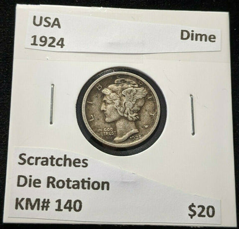 USA 1924 Dime KM# 140 Die Rotation Scratches #201