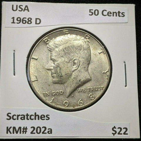 USA 1968 D 50 Cents KM# 202a Scratches #624   10A