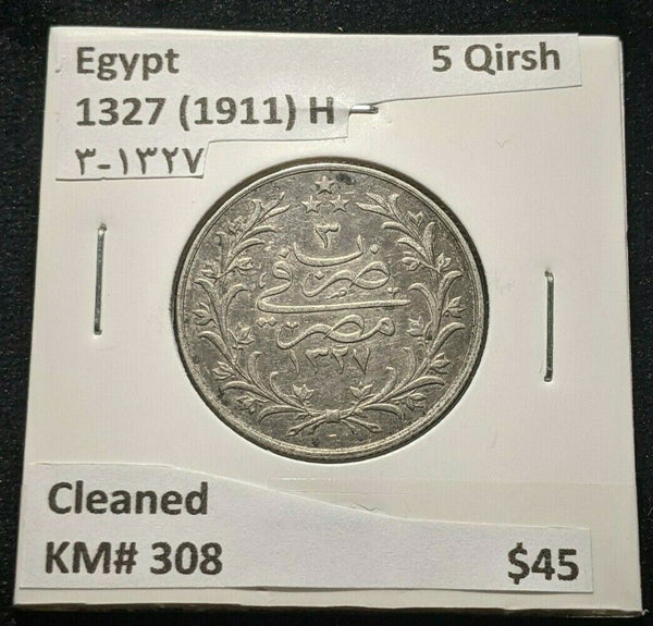 Egypt 1327 (1911) H Ù¡Ù£Ù¢Ù§-Ù£ 5 Qirsh KM# 308 Cleaned #161    4B