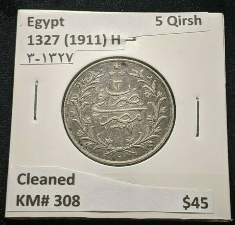 Egypt 1327 (1911) H ١٣٢٧-٣ 5 Qirsh KM# 308 Cleaned #161    4B