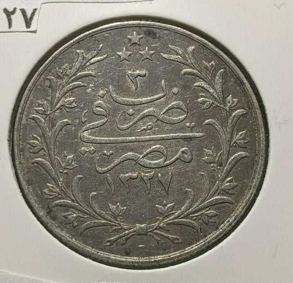 Egypt 1327 (1911) H Ù¡Ù£Ù¢Ù§-Ù£ 5 Qirsh KM# 308 Cleaned #161    4B