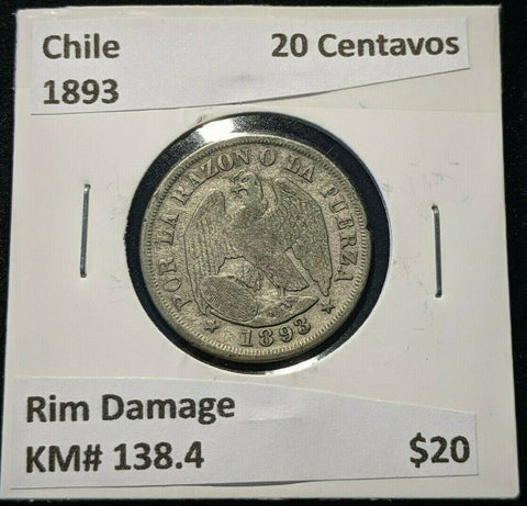 Chile 1893 20 Centavos KM# 138.4 Rim Damage #928