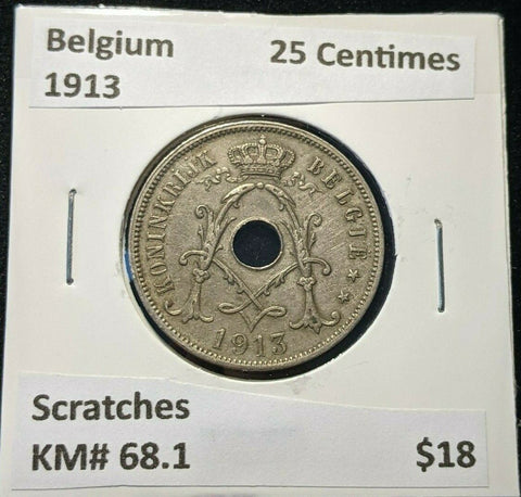 Belgium 1913 25 Centimes KM# 68.1 Scratches #012  3C