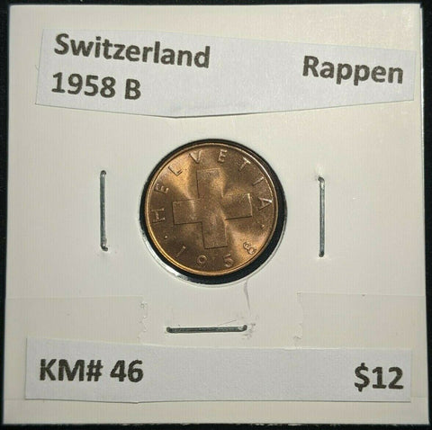 Switzerland 1958 B Rappen KM# 46 #009  6B