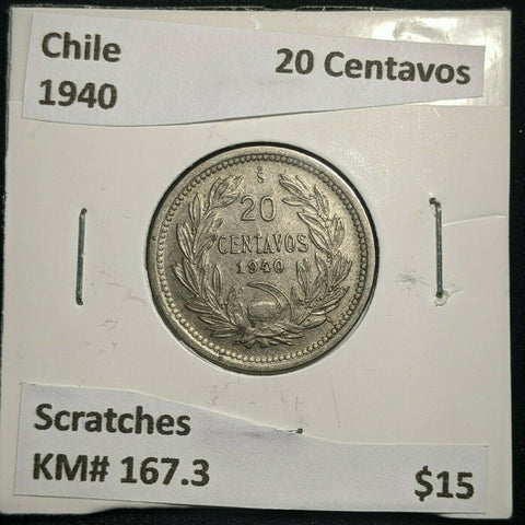 Chile 1940 20 Centavos KM# 167.3 Scratches #974