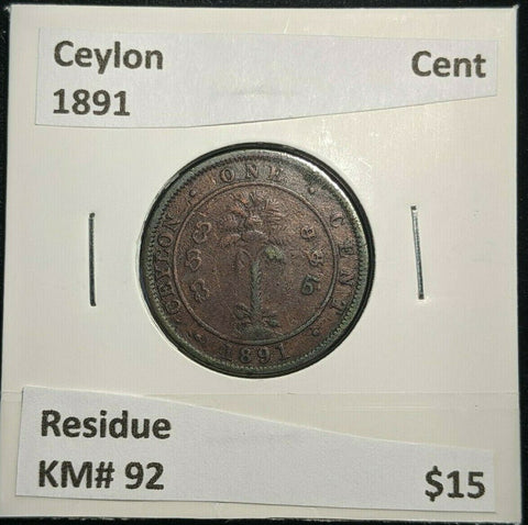 Ceylon 1891 Cent KM# 92 Residue #1587