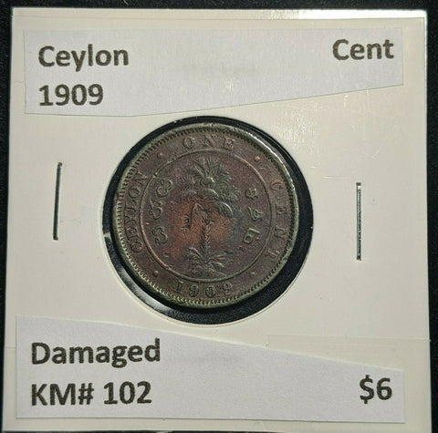 Ceylon 1909 Cent KM# 102 Damaged #1619