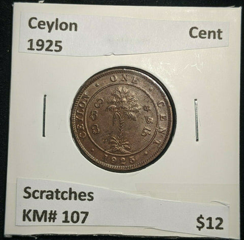 Ceylon 1925 Cent KM# 107 Scratches #1688